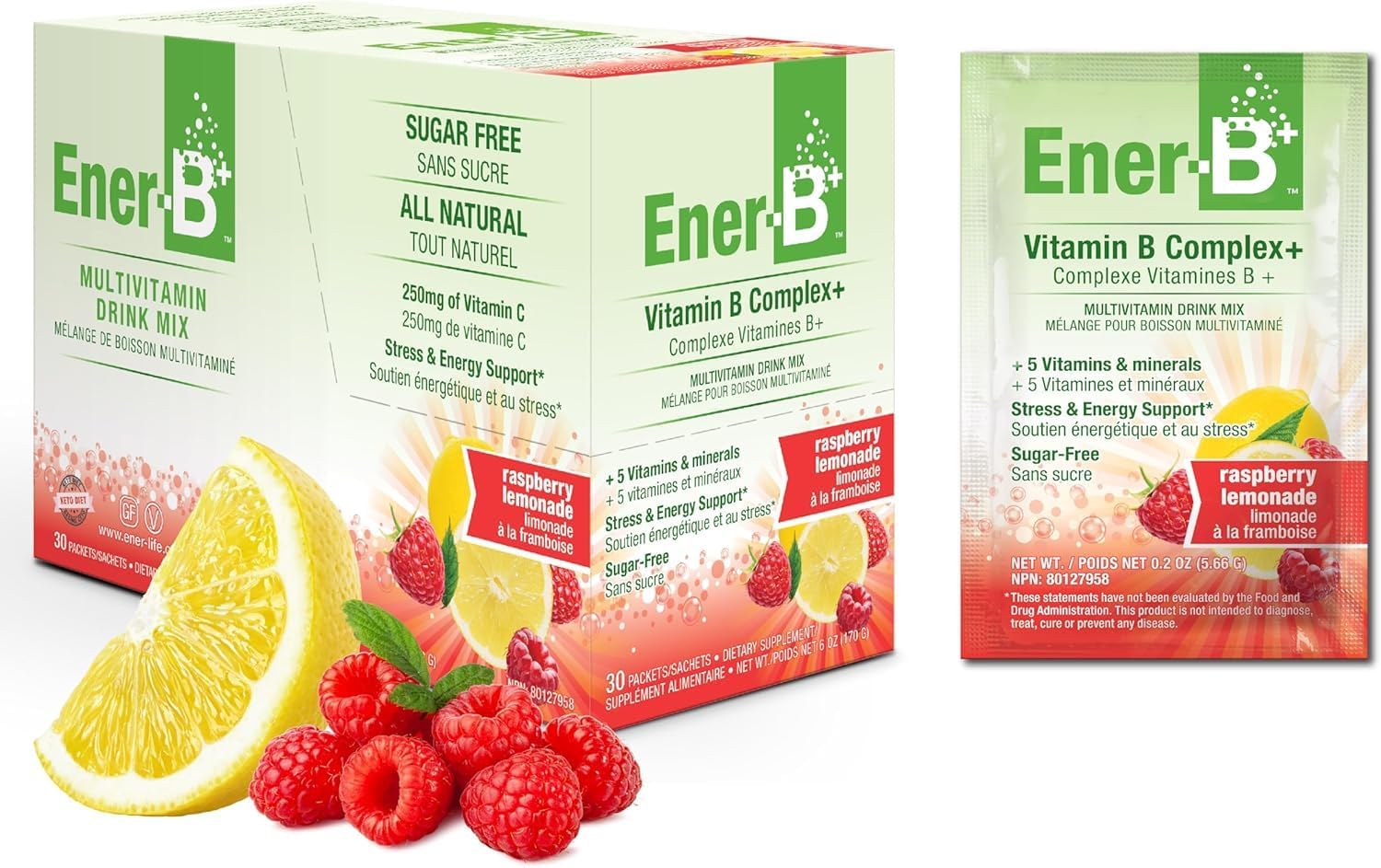 Ener-B+ Sugar Free Raspberry Lemonade vitamin B powder mix box front label 30 sachets on white background