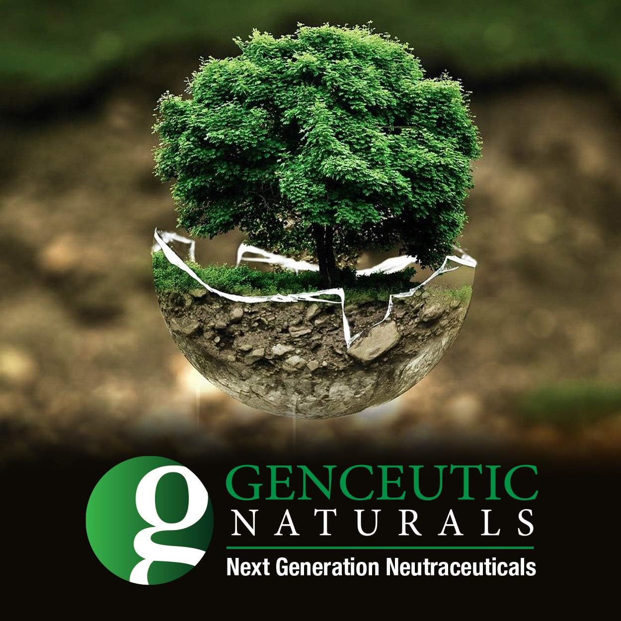 Tree in a glass sphere with 'Genceutic Naturals' logo and text below