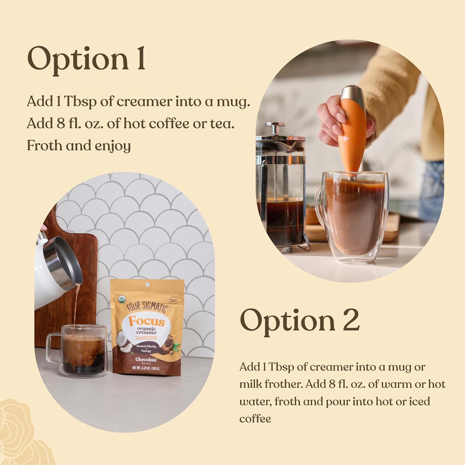 Instructions for using a creamer product with coffee or tea on a beige background