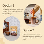 Instructions for using a creamer product with coffee or tea on a beige background