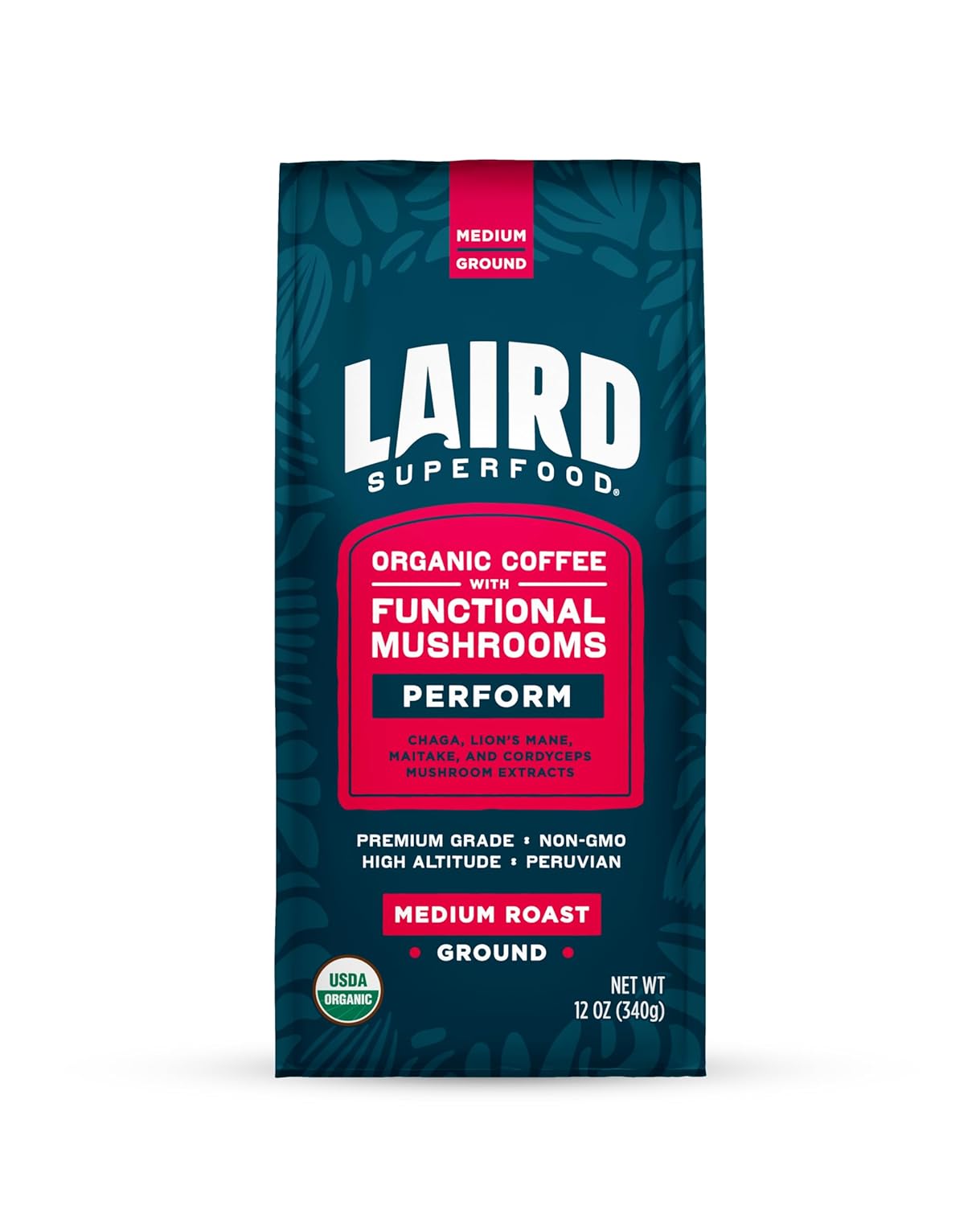 Laird Superfood Peruvian medium roast coffee with mushrooms 340g bag front on white background