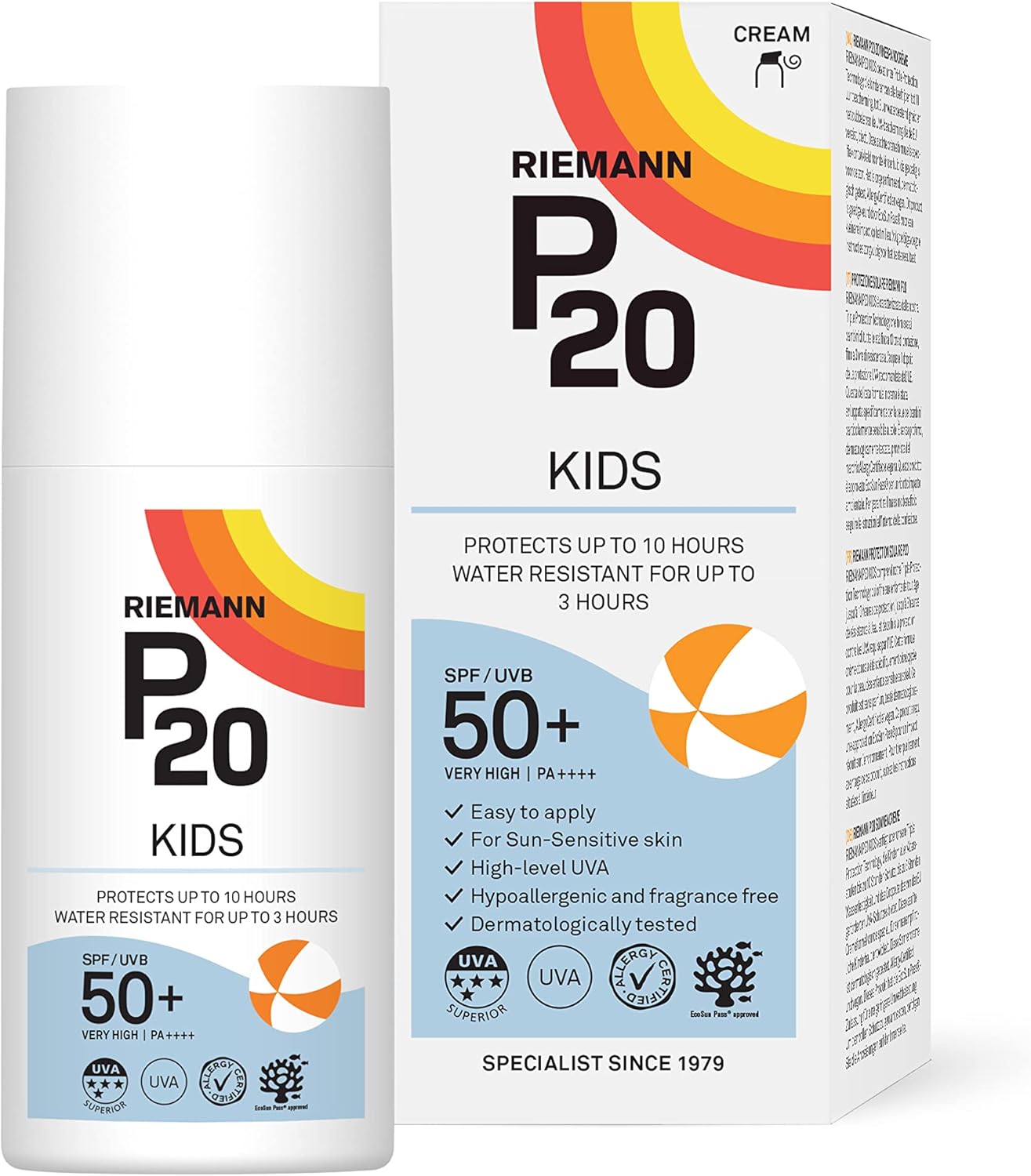 Riemann P20 Kids Sun Cream SPF50+ bottle & box, 200ml, on white background.
