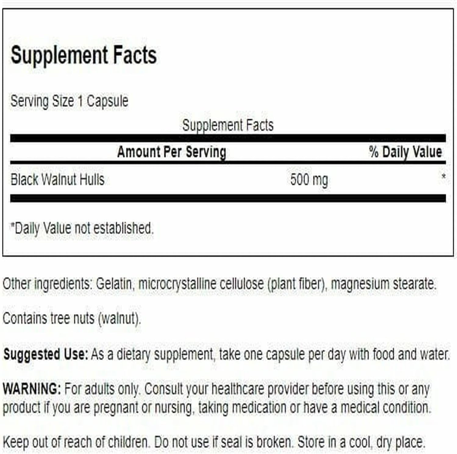 Supplement facts label for Black Walnut Hulls dietary supplement