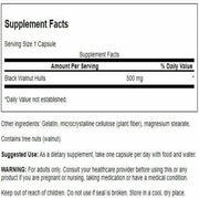 Supplement facts label for Black Walnut Hulls dietary supplement