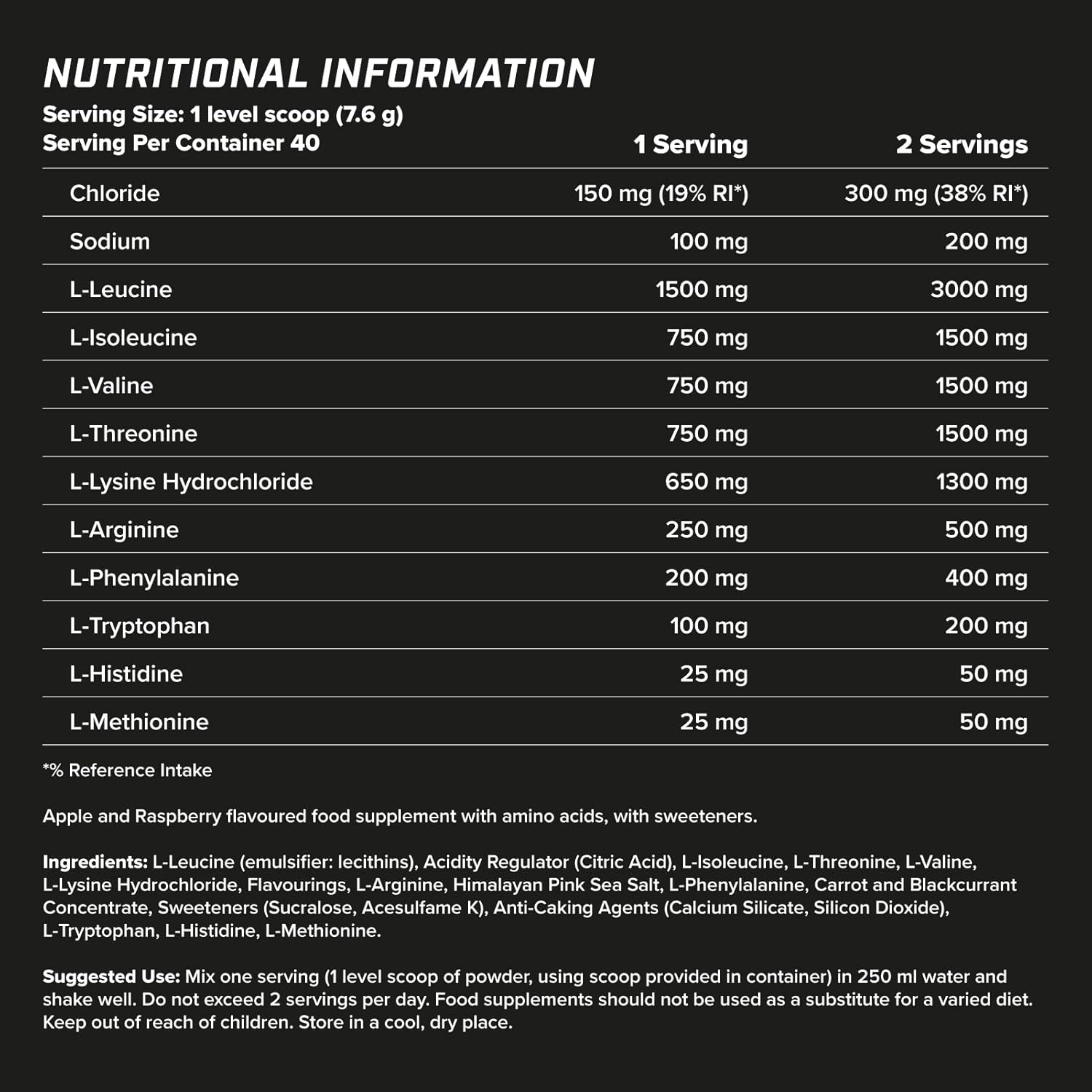 Supplement facts & ingredients image: XTEND EAA Amino Acids Powder Apple & Raspberry supplement facts ingredients tub powder 304g 40 servings