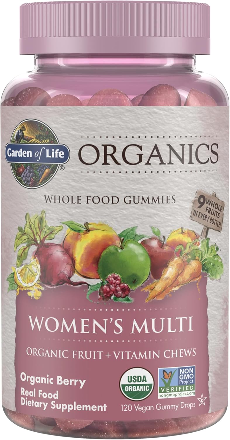 Garden of Life Organics Women's Berry Gummy Vitamins bottle, 120 count.