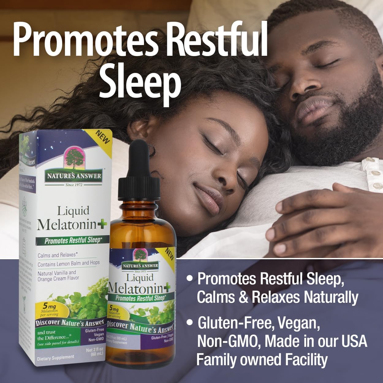 Nature's Answer Liquid Melatonin supplement with a couple sleeping in the background