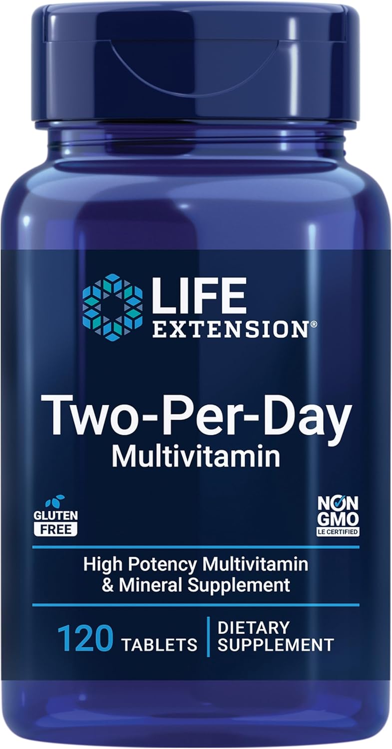 Life Extension Two-Per-Day Multivitamin bottle, complete daily formula, 120 tablets.