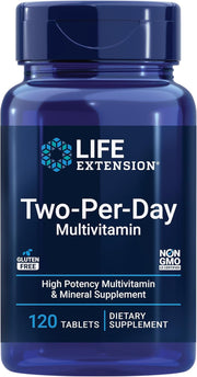 Life Extension Two-Per-Day Multivitamin bottle, complete daily formula, 120 tablets.