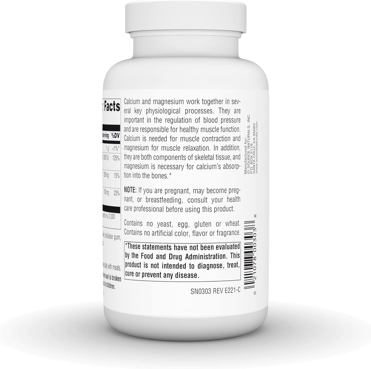 Barcode image: Source Naturals Calcium & Magnesium with Vitamin D3 tablets bottle barcode 100 count