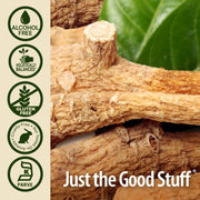 Close-up of dried roots with 'Just the Good Stuff' branding and certification icons on the left.