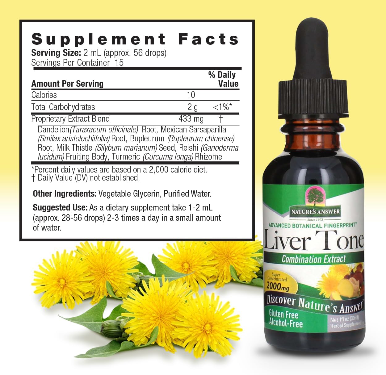 Liver Tone supplement bottle with dandelion flowers on a yellow background