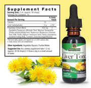Liver Tone supplement bottle with dandelion flowers on a yellow background