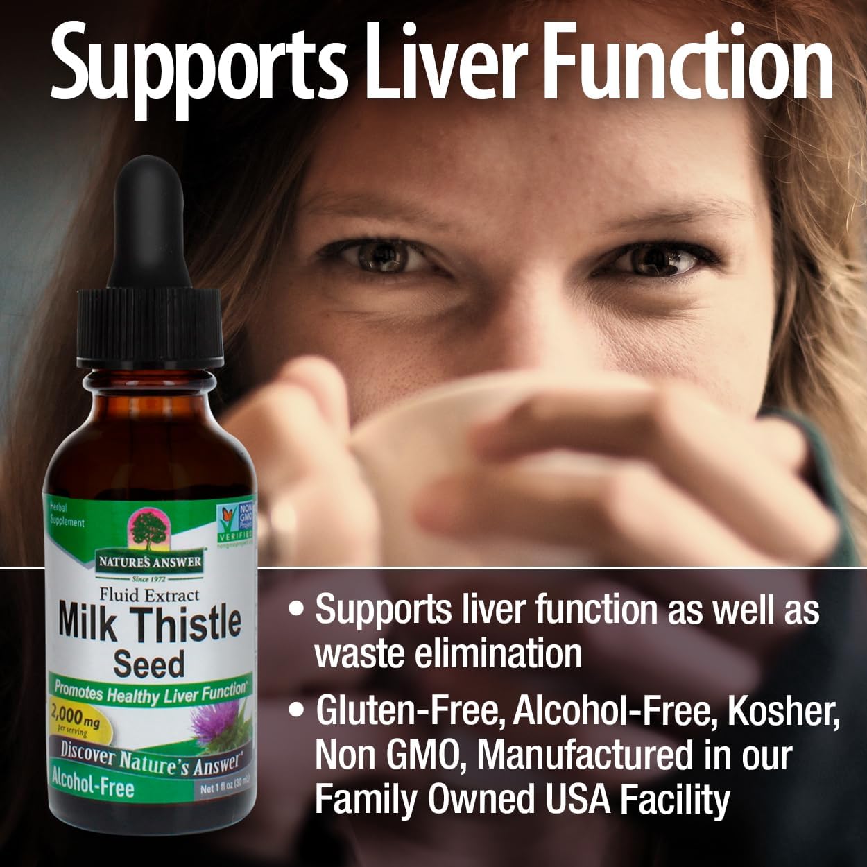 Bottle of Natures Answer Milk Thistle Seed extract with a blurred woman drinking from a cup in the background.