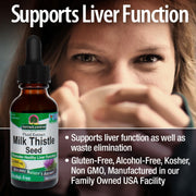 Bottle of Natures Answer Milk Thistle Seed extract with a blurred woman drinking from a cup in the background.