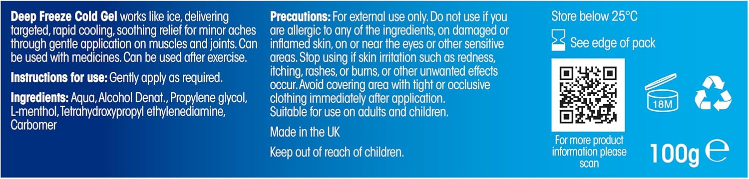 Back of Deep Freeze Cold Gel tube 100g showing ingredients and instructions.