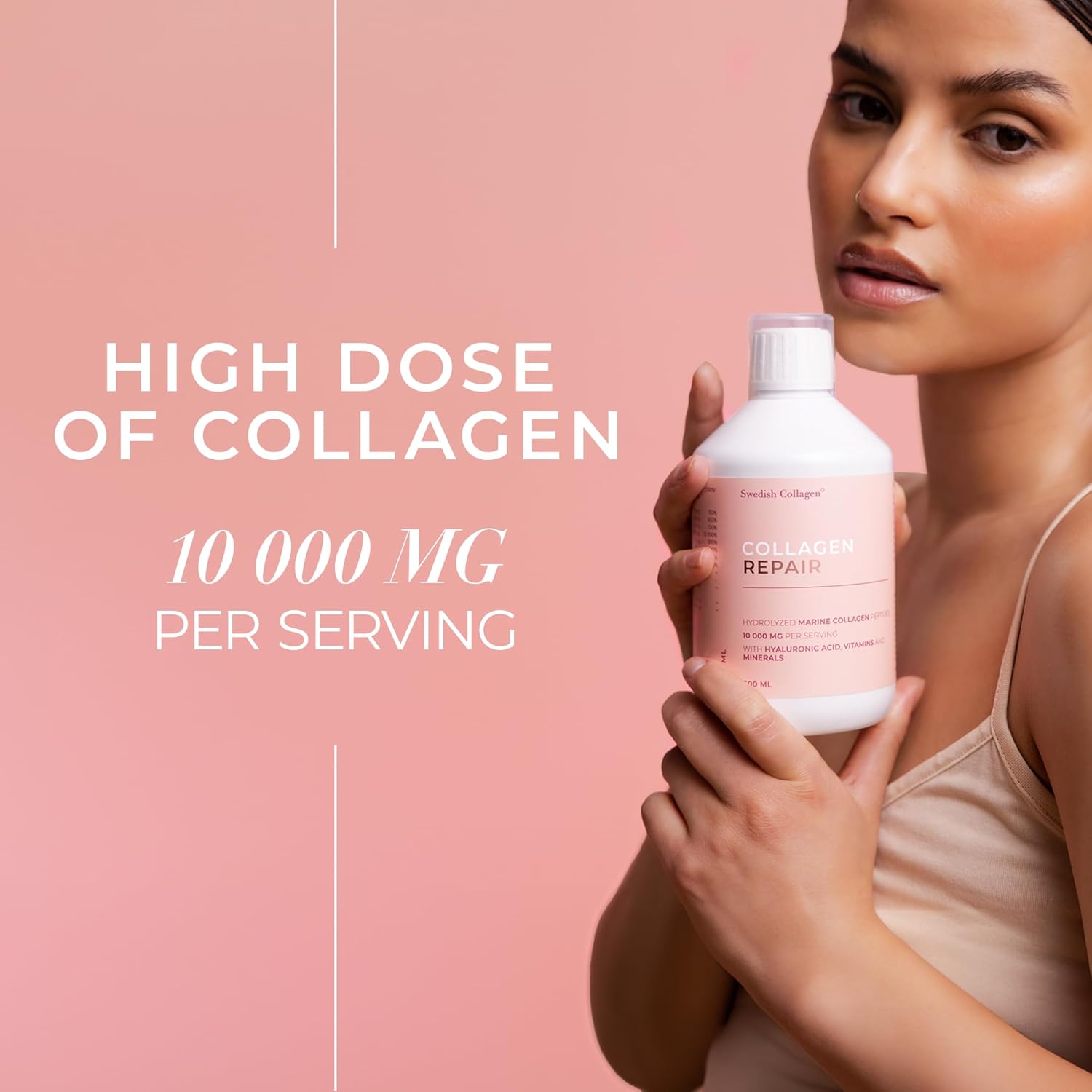 Woman holding a collagen supplement bottle with text about high dose collagen on a pink background