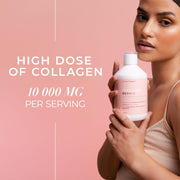 Woman holding a collagen supplement bottle with text about high dose collagen on a pink background