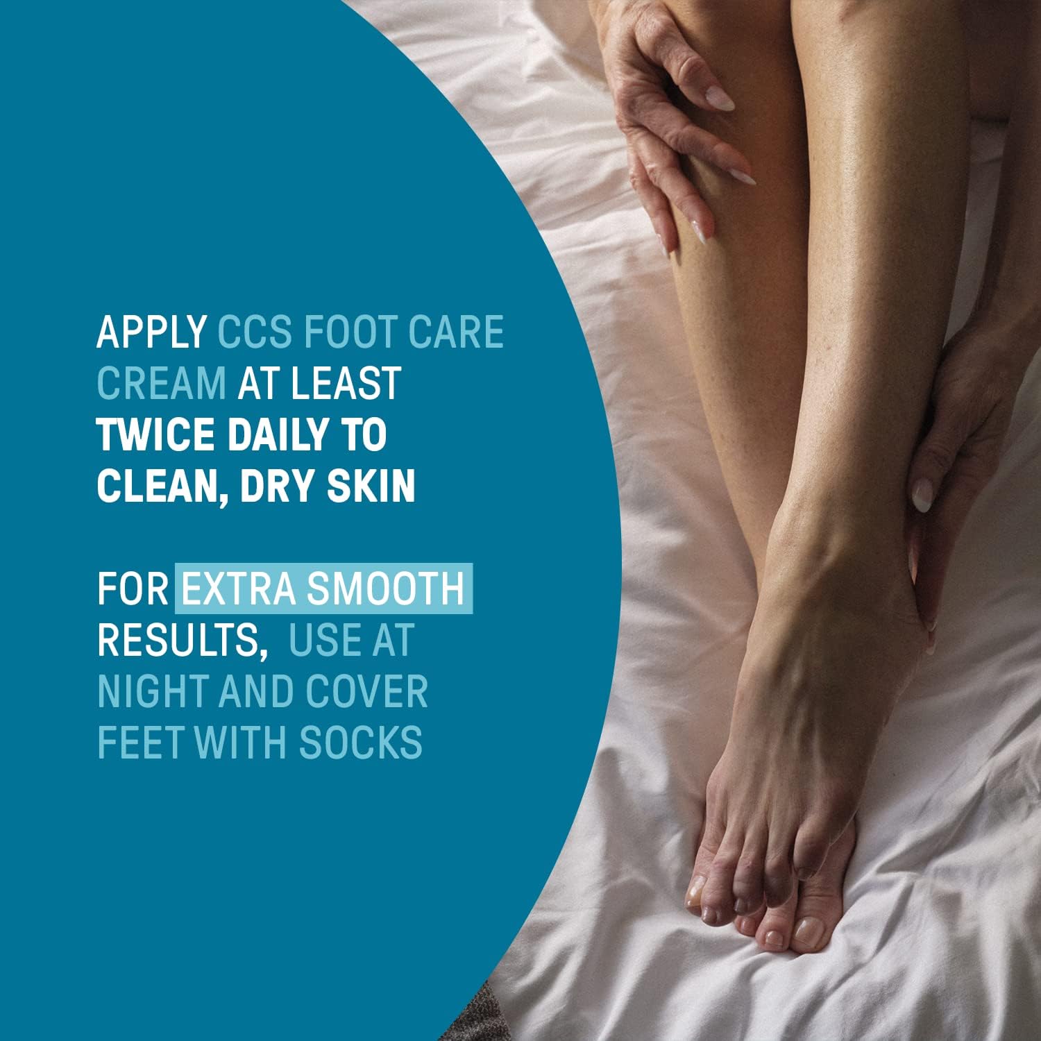 Person applying CCS Foot Care Cream to their feet with a blue text overlay on a white background.