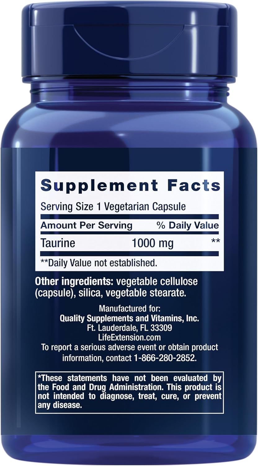 Supplement facts label for Life Extension Taurine showing 1000mg dosage per capsule.