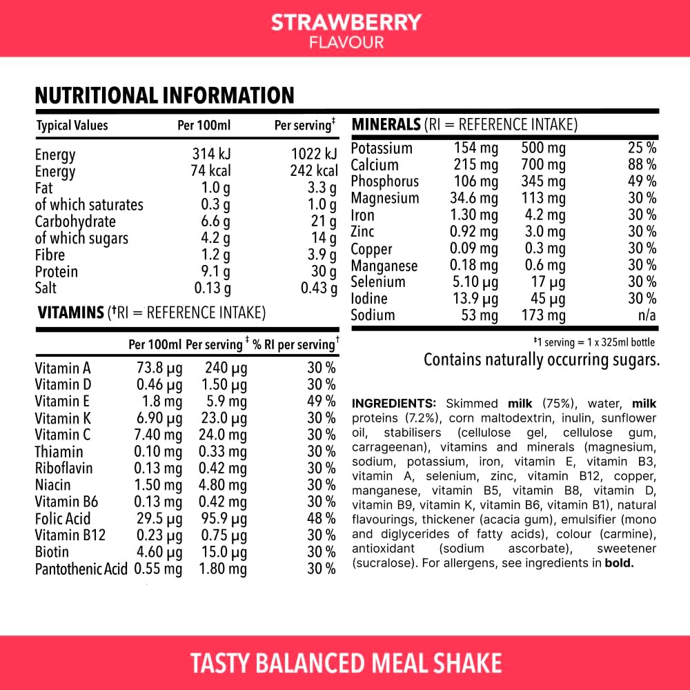 SlimFast Strawberry Ready To Drink shake ingredients label bottle 325ml pack of 6