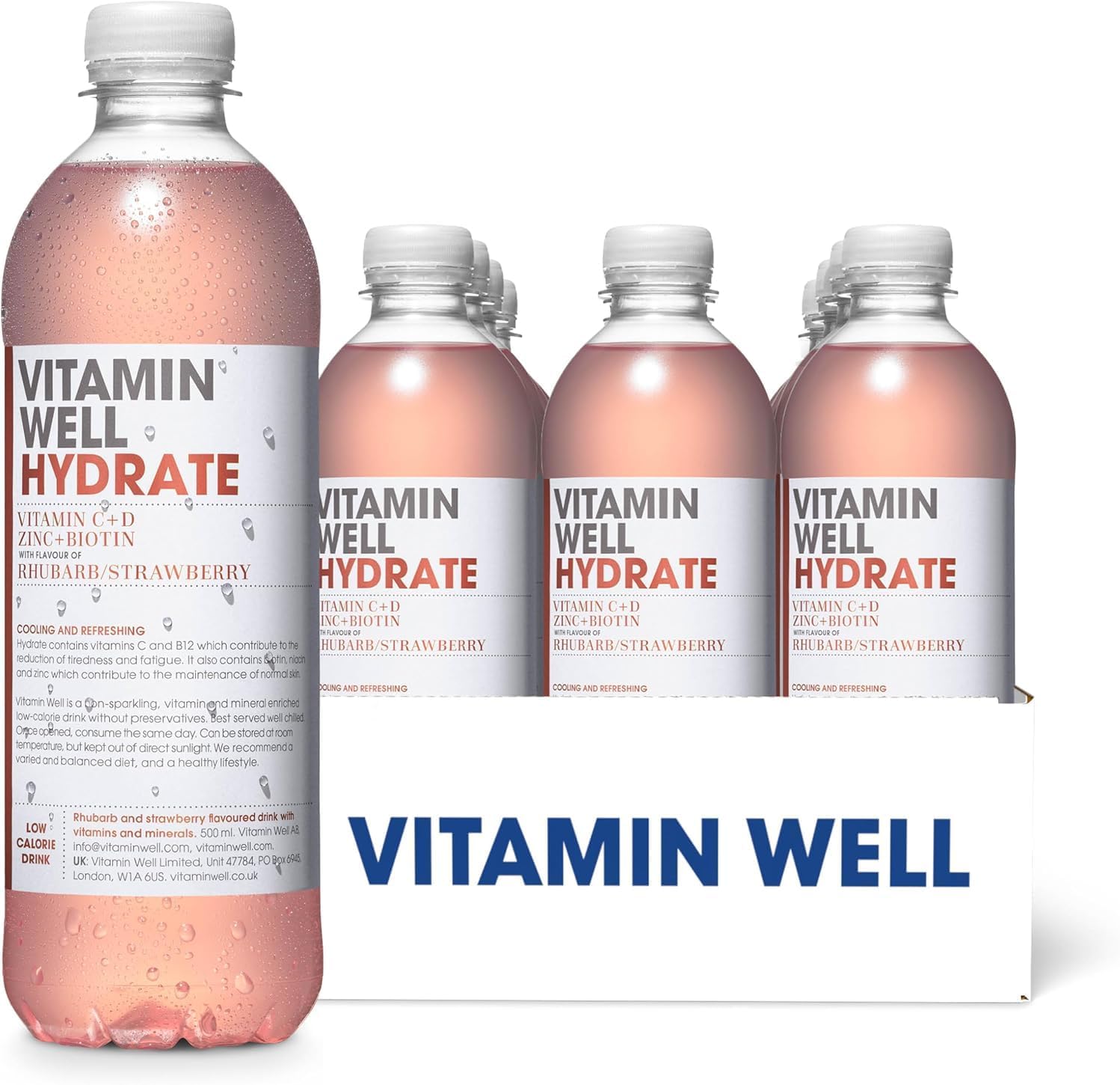 Vitamin Well Hydrate rhubarb and strawberry vitamin drink bottles pack 12 x 500ml