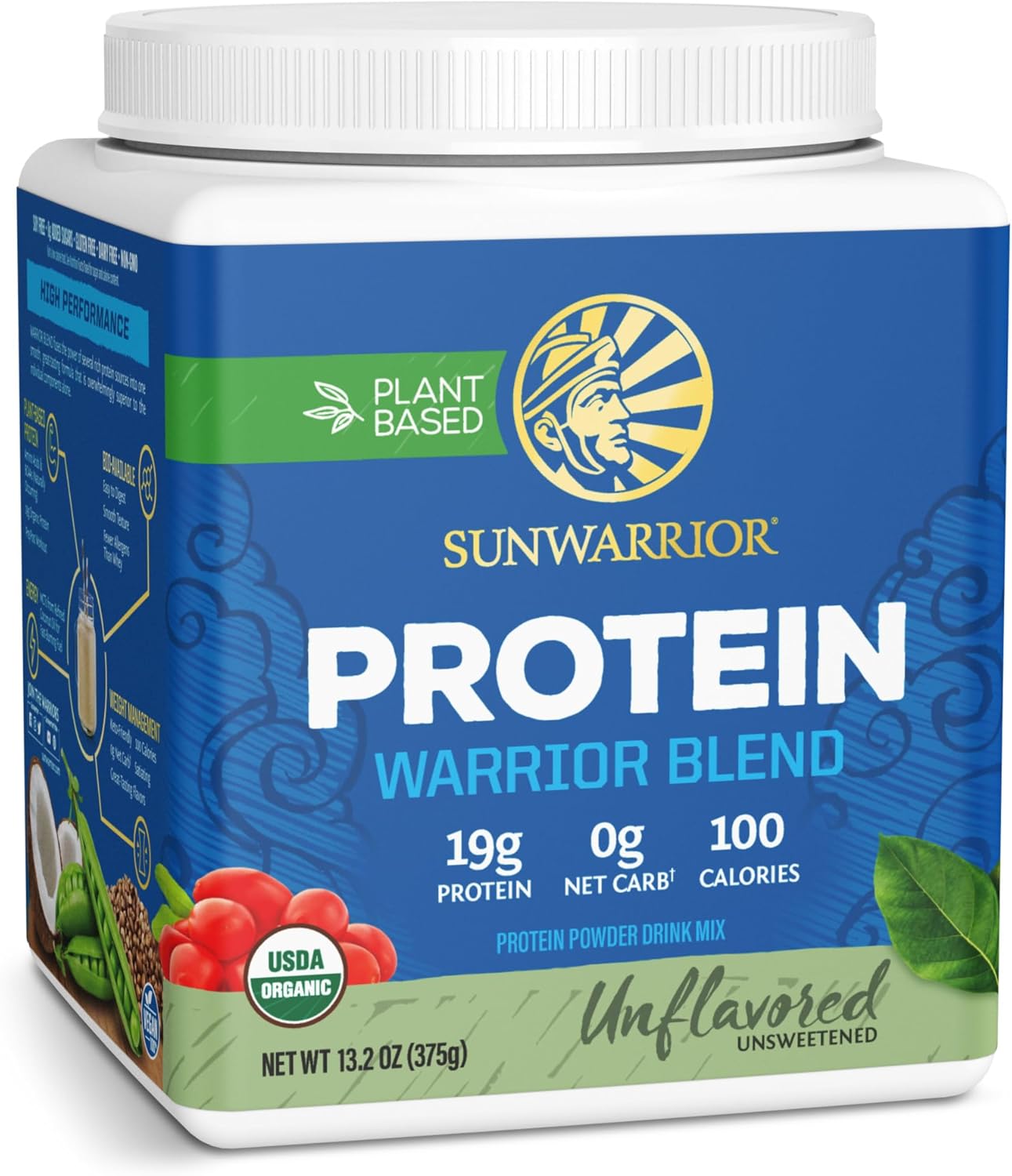 Sunwarrior Organic Plant-Based Protein Powder tub, unflavoured 375g.