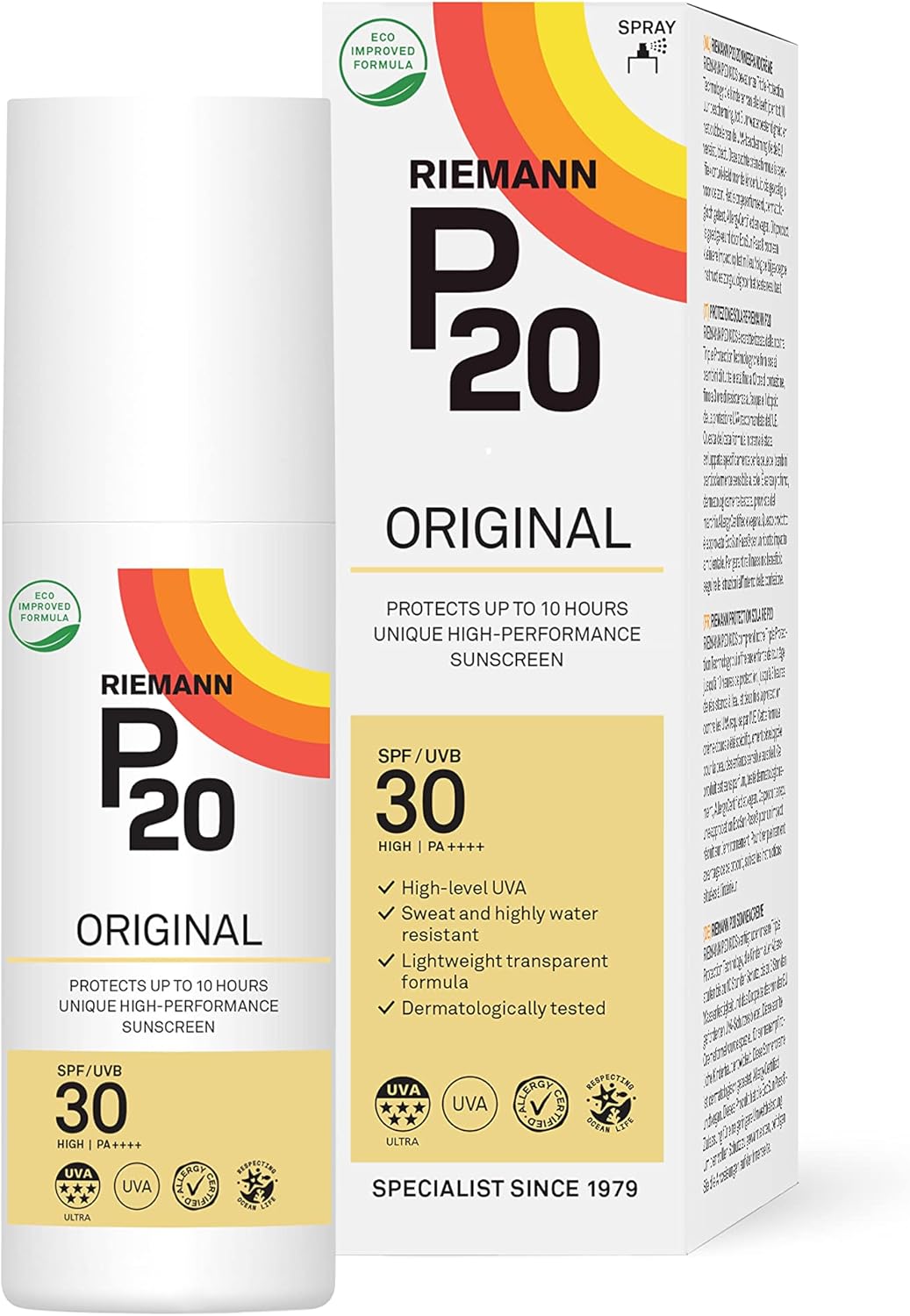 Riemann P20 Original SPF30 Sun Protection Spray bottle & box, 100ml, on white background.