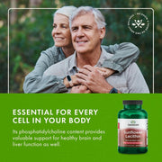 Couple embracing outdoors with a bottle of Swanson Sunflower Lecithin supplement on a green background.