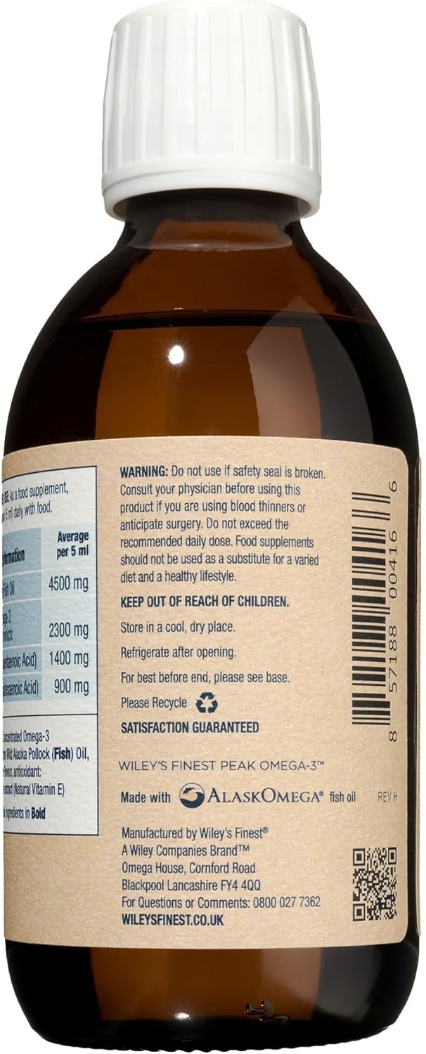 Wiley's Finest Peak Omega-3 liquid fish oil barcode packaging lemon 250ml