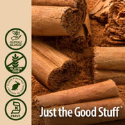 Cinnamon sticks with 'Just the Good Stuff' branding and certification icons on a beige background