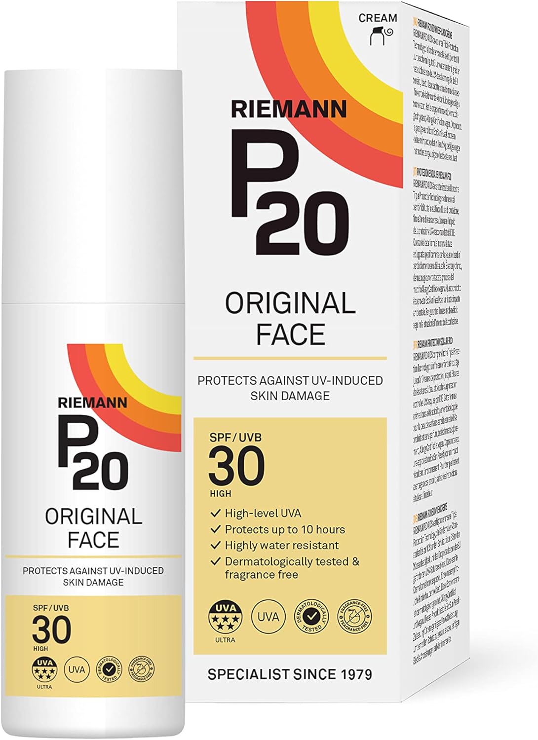 Riemann P20 Original Face Sun Cream SPF30 tube & box, 50g, on white background.