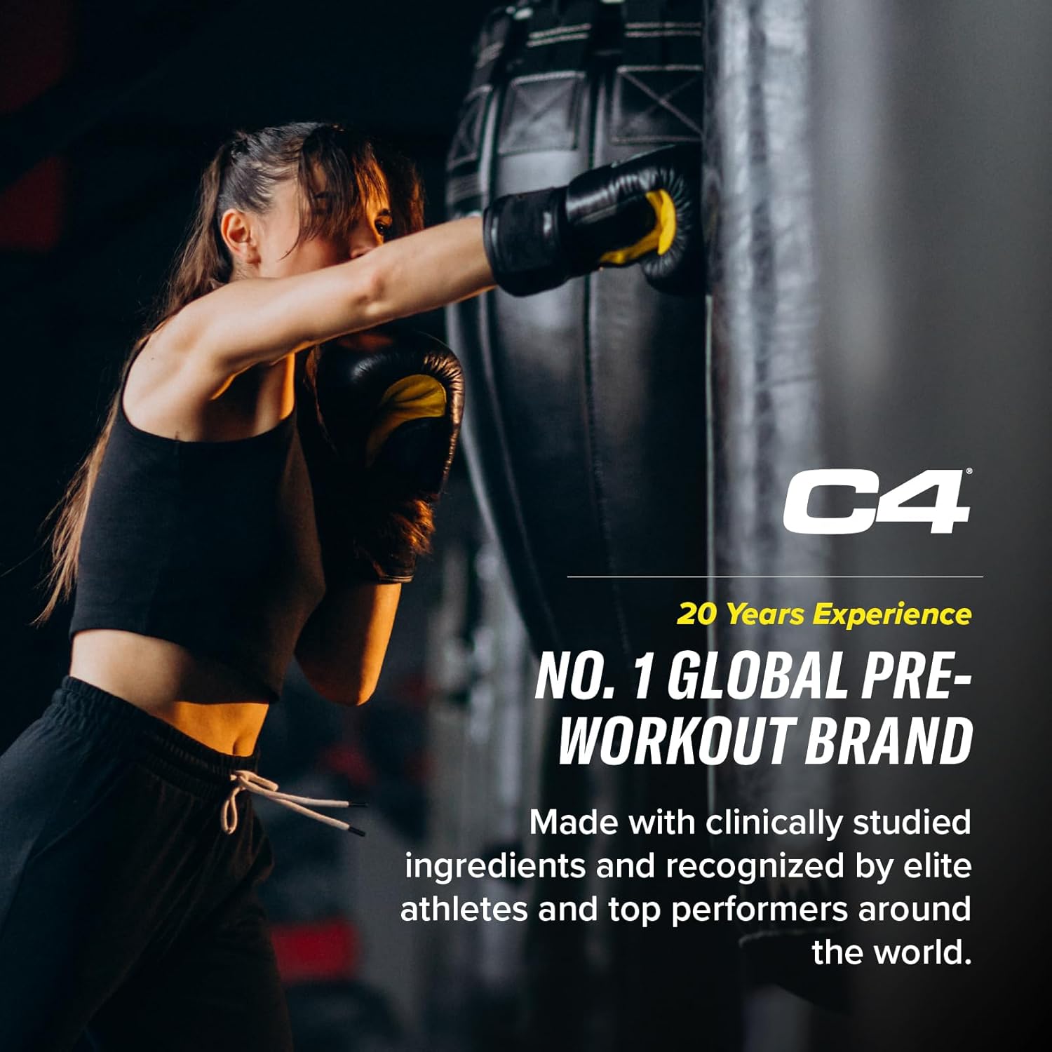 Person training with boxing gloves on a punching bag, featuring C4 brand text.