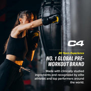 Person training with boxing gloves on a punching bag, featuring C4 brand text.