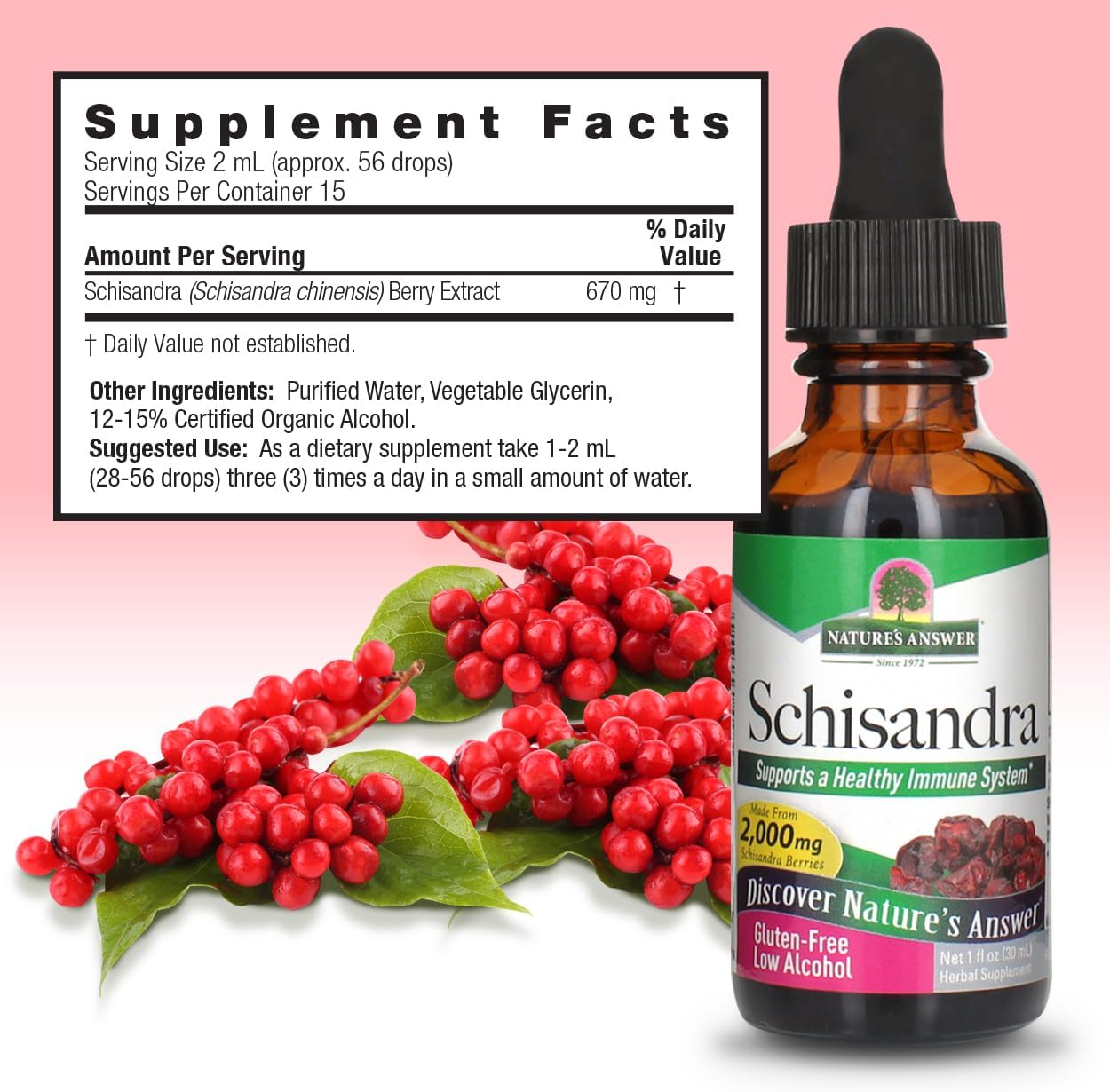 Schisandra supplement bottle with red berries and supplement facts label on a pink background