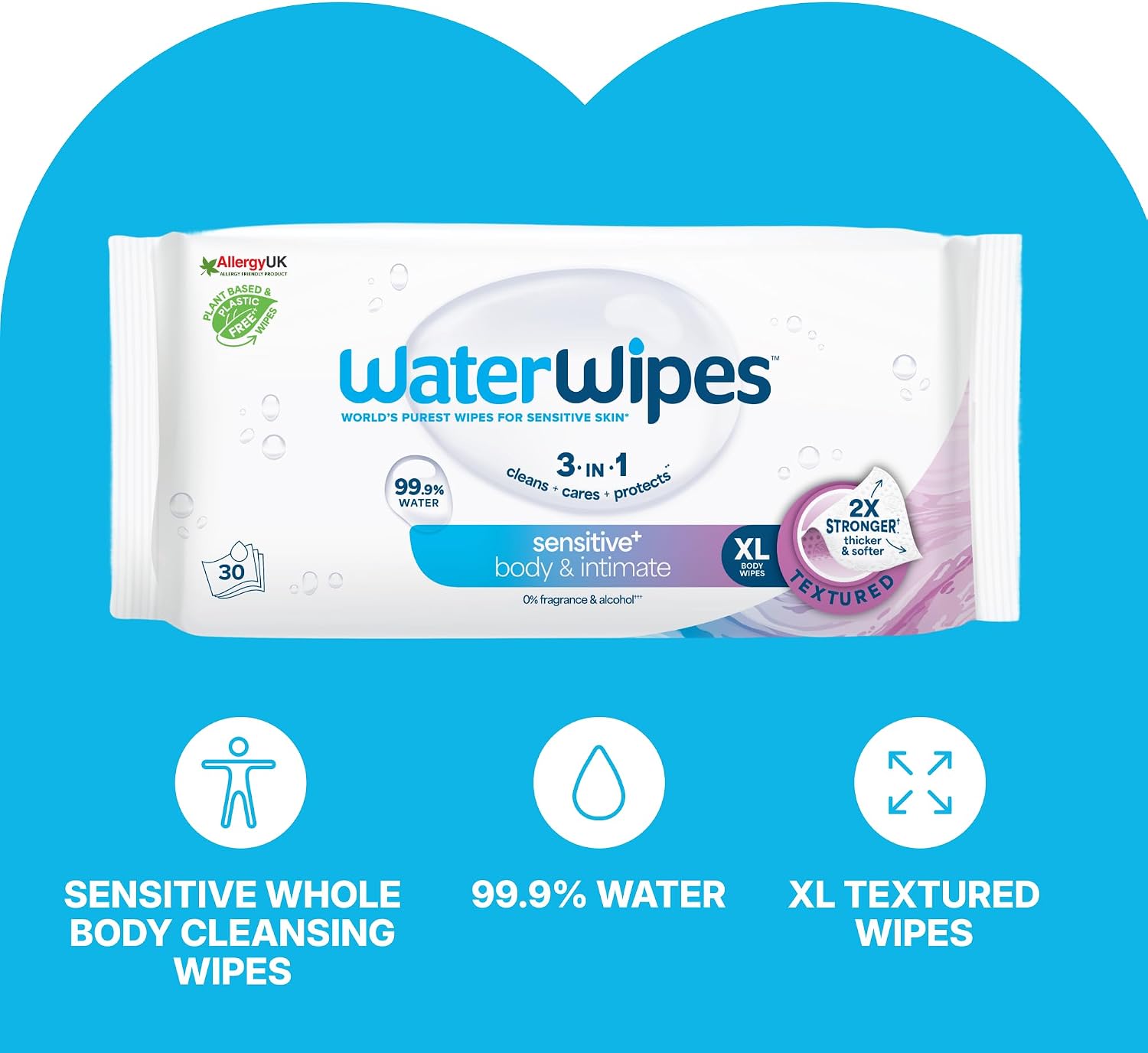 WaterWipes Sensitive+ Body & Intimate XL Wipes, soft pack packaging, unscented, 30 wipes, ingredients information
