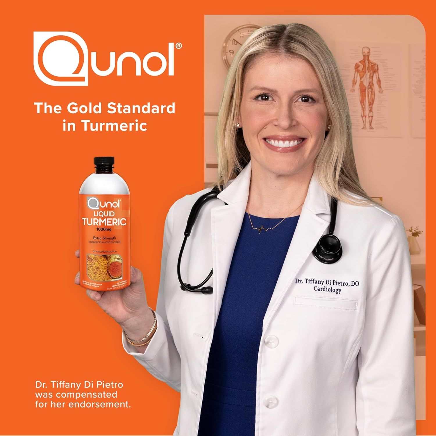 Lifestyle/use image: Qunol Liquid Turmeric Curcumin orange liquid supplement daily use 900ml
