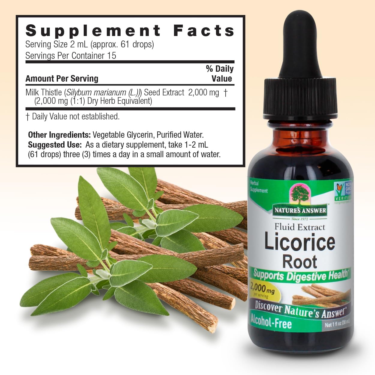 Bottle of Nature's Answer Licorice Root extract with supplement facts label on a beige background