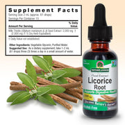 Bottle of Nature's Answer Licorice Root extract with supplement facts label on a beige background