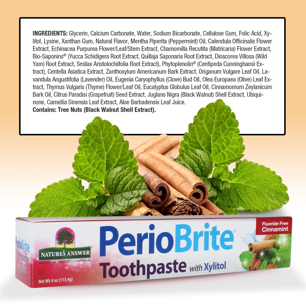 PerioBrite Toothpaste packaging with mint leaves and cinnamon sticks on a beige background