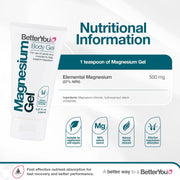 Nutritional information, ingredients and directions for BetterYou Magnesium Gel.