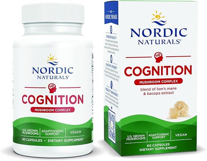 Nordic Naturals Cognition Mushroom Complex bottle & box, 60 vegan capsules