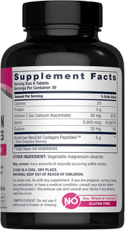 Supplement facts and directions for NeoCell collagen tablets supplement.