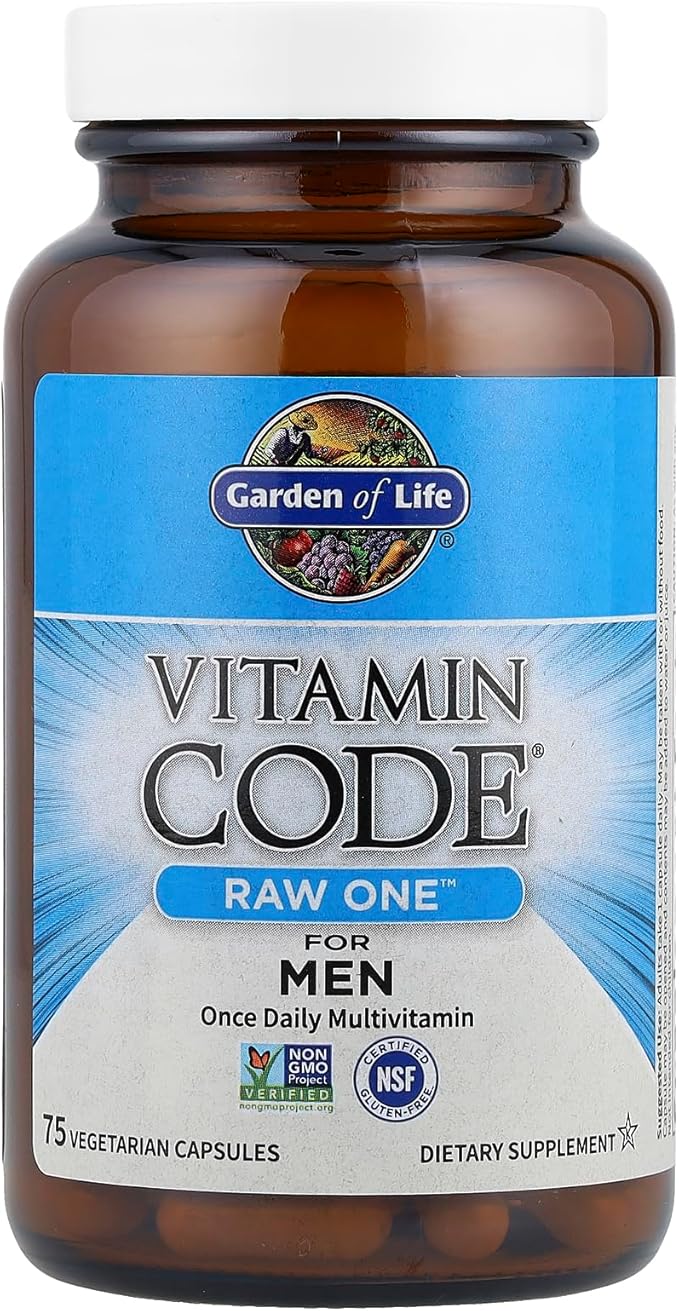 Garden of Life Vitamin Code Raw One for Men multivitamin bottle, 75-count vegetarian capsules.