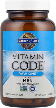 Garden of Life Vitamin Code Raw One for Men multivitamin bottle, 75-count vegetarian capsules.