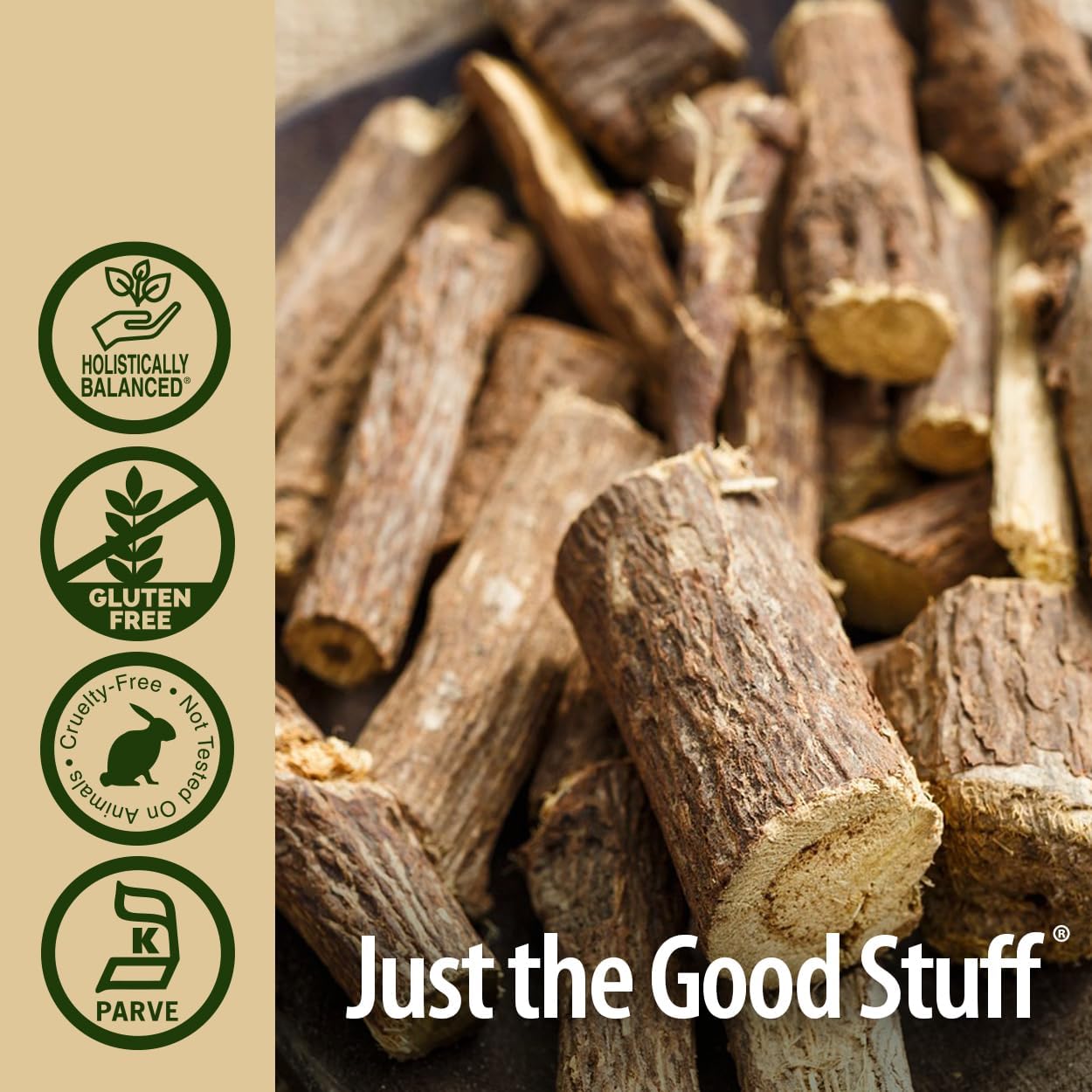 Wooden logs with 'Just the Good Stuff' branding and certification logos on the left.