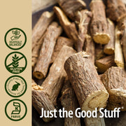 Wooden logs with 'Just the Good Stuff' branding and certification icons on the left.