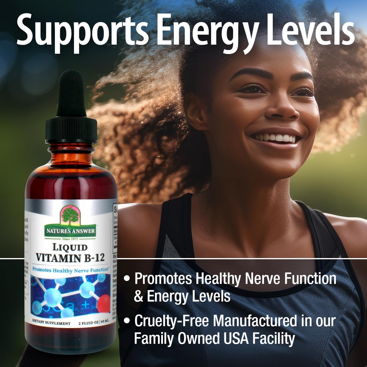 Bottle of Nature's Answer Liquid Vitamin B-12 with a woman in the background, promoting energy levels.