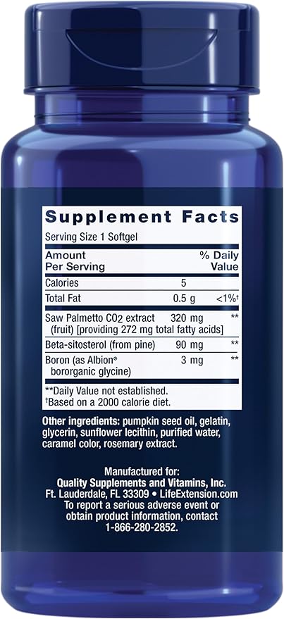 Life Extension PalmettoGuard label showing ingredients and supplement facts.