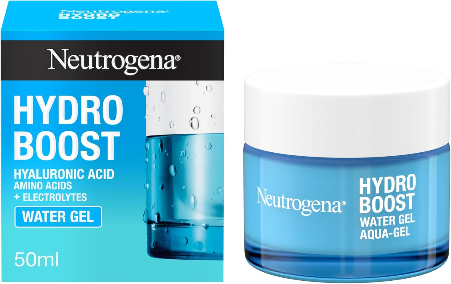 Neutrogena Hydro Boost Water Gel moisturiser tub & box, 50ml, on a clean white background.